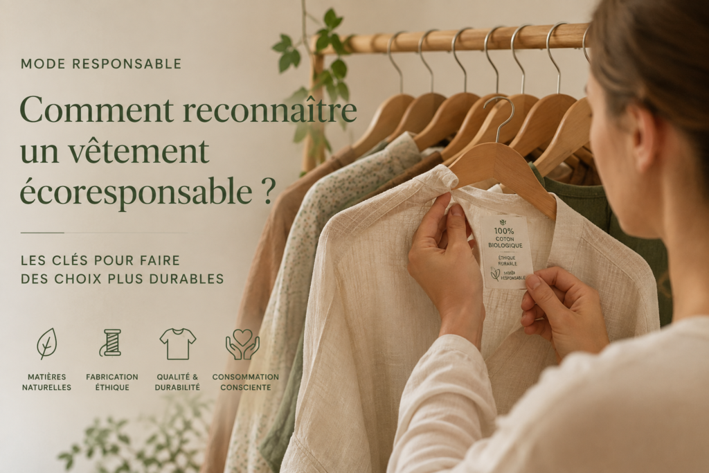 Femme tenant une blouse beige en lin avec étiquette «100% coton biologique» sur un cintre