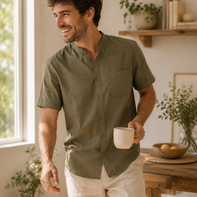 Chemise olive manches courtes col mao portée par un homme vue de face