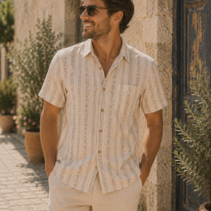 Chemise Zahari écru imprimé à manches courtes motif rayures portée par un homme vue de face