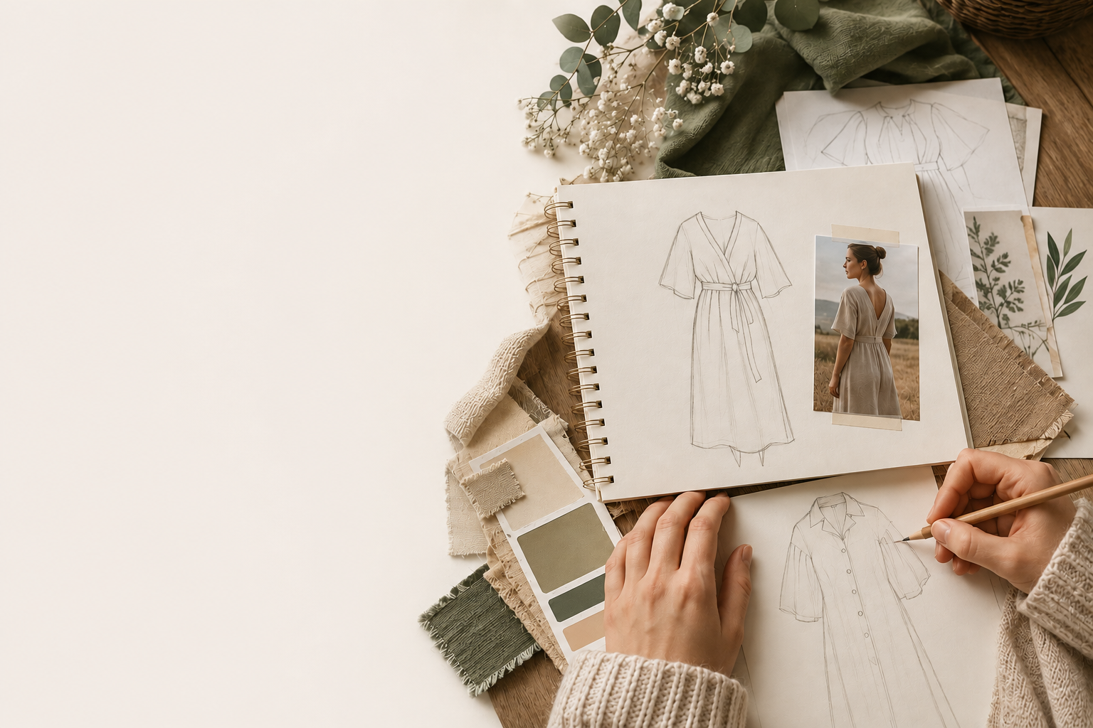 Carnet de croquis co-création ouvert montrant une robe longue sauge esquissée et un échantillon de tissu vert pâle
