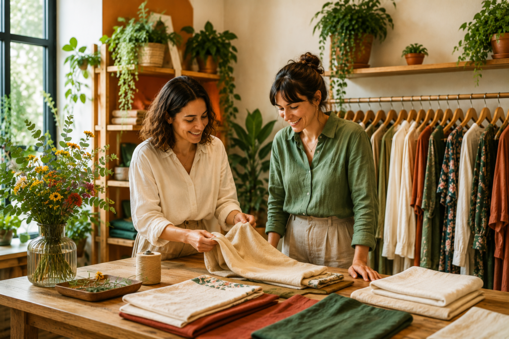 Deux femmes souriantes vérifiant un tissu lin beige plié sur une table en boutique responsable