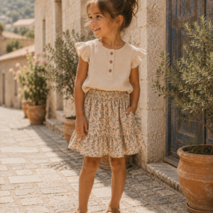 Ensemble Kibo fille écru chemise à boutons et jupe imprimé floral porté par une fillette vue profil