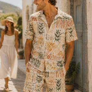Ensemble Sirocco écru imprimé homme avec chemise manches courtes et short assorti motif ethnique