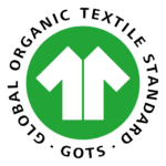 Logo GOTS rond vert avec deux flèches blanches formant un t-shirt, symbole de certification textile biologique