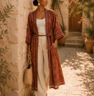 Kimono Kora terracotta imprimé floral , ceinture assortie, porté par une femme vue de profil
