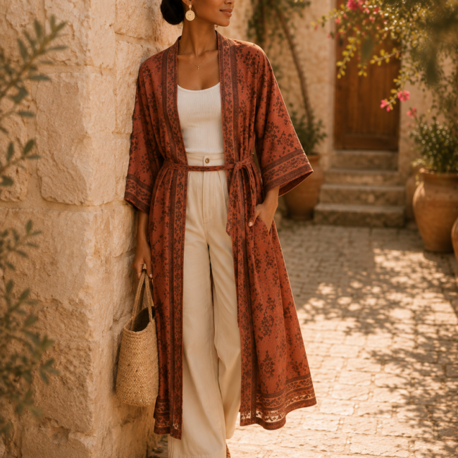Kimono Kora terracotta imprimé floral , ceinture assortie, porté par une femme vue de profil
