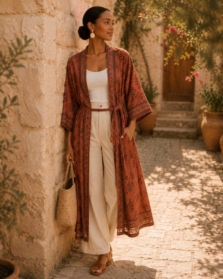 Kimono Kora terracotta imprimé floral , ceinture assortie, porté par une femme vue de profil