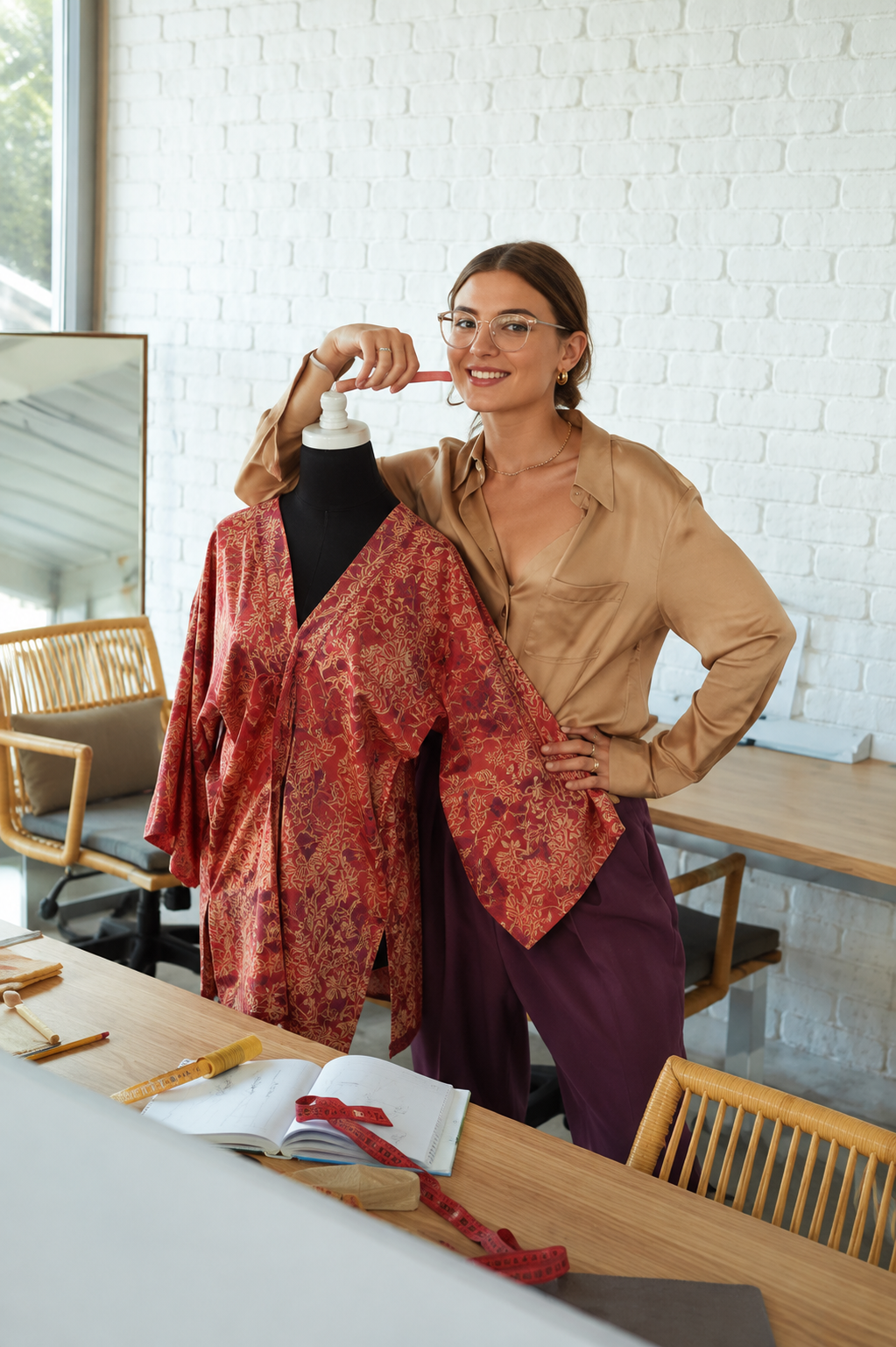 Kimono rouge imprimé floral présenté sur mannequin noir dans un atelier de couture avec créatrice souriante