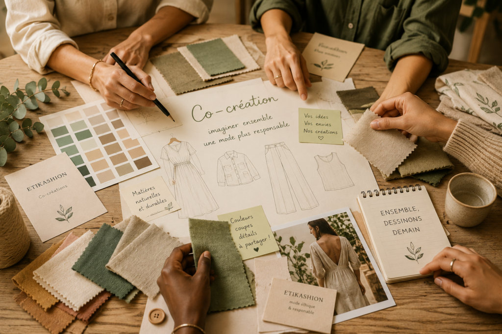 Atelier de co-création de mode avec croquis et échantillons de tissus