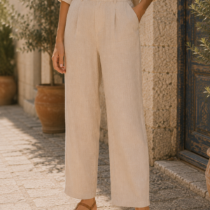 Pantalon Hugo beige clair taille haute coupe droite porté par une femme de dos vue de face