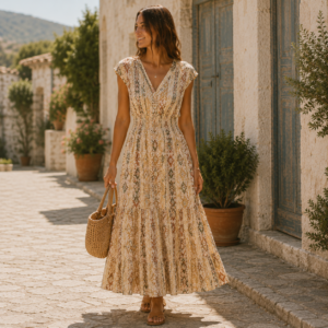Robe Awa écrue à motifs géométriques marron et vert, décolleté V portée par une femme vue globale
