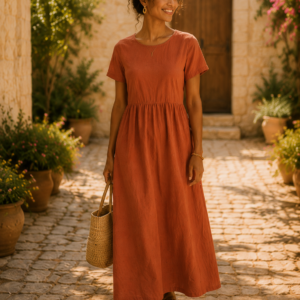 Robe Bani terracotta manches courtes portée par femme, longue vue de profil