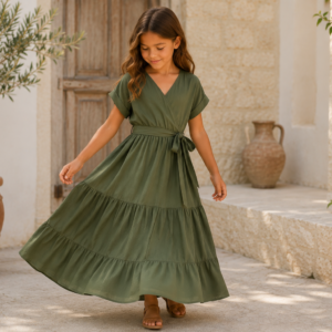 Robe Olive fille vert sauge nouée à la taille coupe ample portée par une fillette vue de face globale