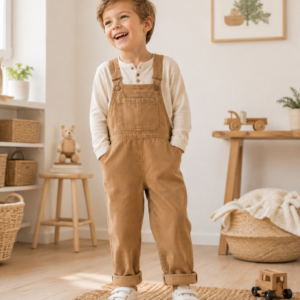 Salopette Milo enfant camel vue de face, porté par un garçon