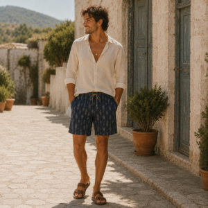 Short Kito bleu marine à motifs ikat porté par un homme, vue de face