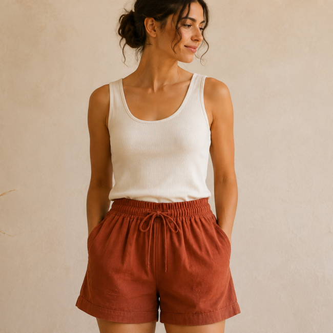 Short Terra terracotta avec cordon et poches, porté par une femme vue de face