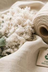Bobine de fil beige et fibres recyclées blanches et chutes de tissu vert pour textile responsable