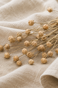 Bouquet de capsules de lin séché beige posé sur tissu en lin naturel ondulé, texture visible, ton neutre
