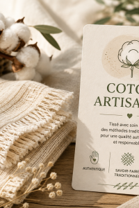 Étiquette « coton artisanal » beige posée sur tissu en coton écru tissé main, motif naturel et pompons